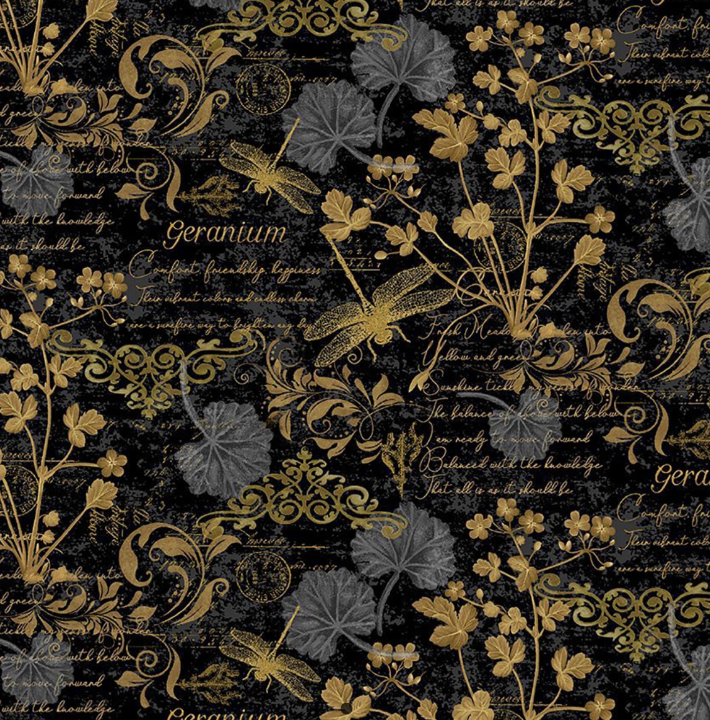 Stoff mit Schriften, Libellen, Geraniumpflanzen