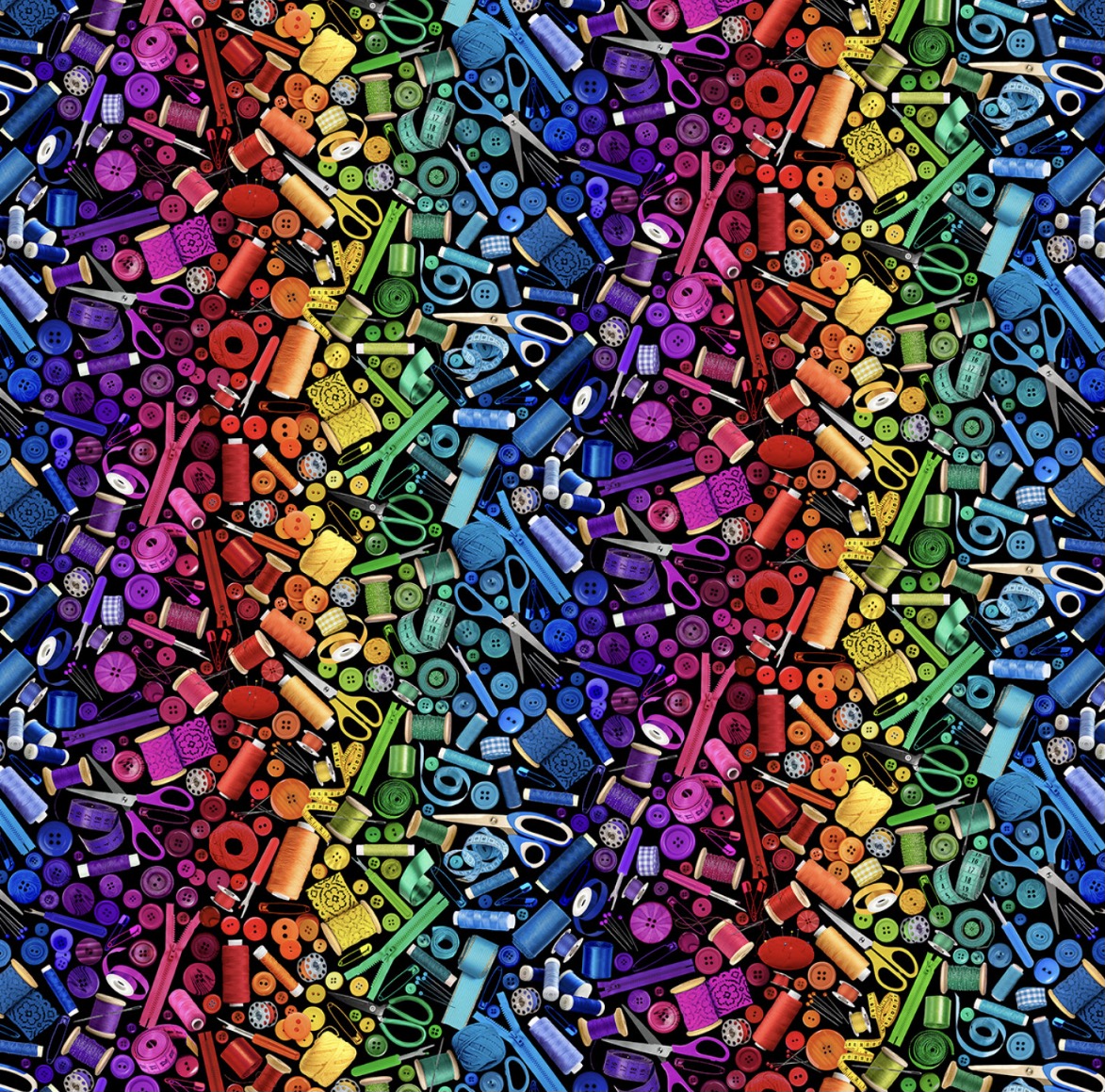 Stoff mit Nähutensilien Motiven: bunte Scheren, Garnrollen, Knöpfe