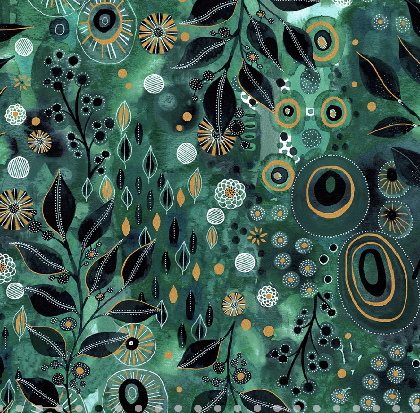 Stoff in Jadegrün mit Blätter und Golddruck aus der Serie Ebb & Flow