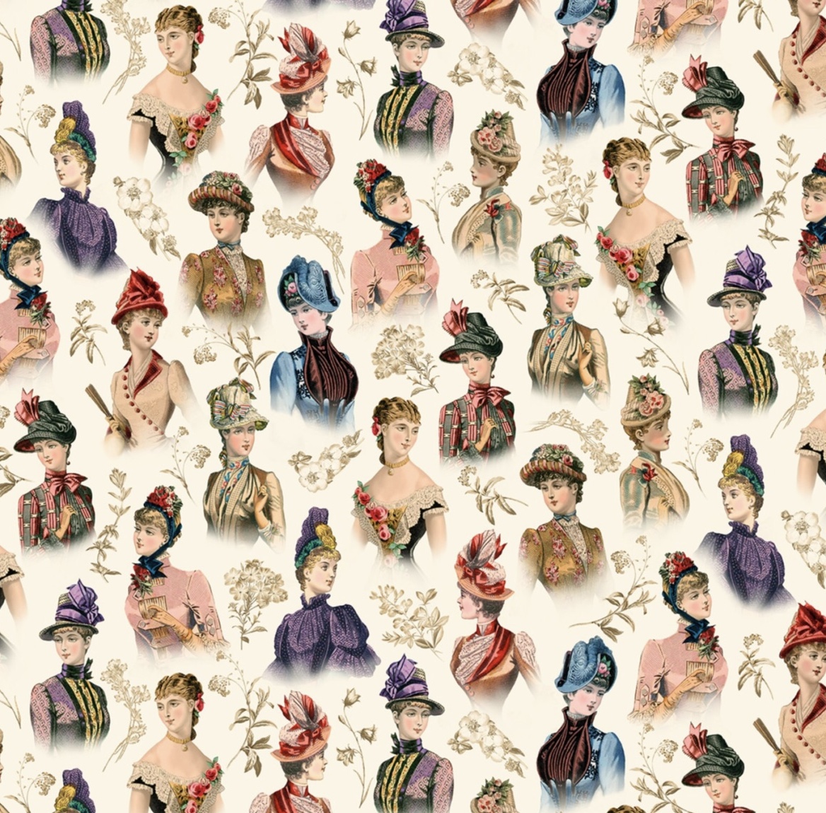 Vintage Fashion, Stoff mit schicken Damen, Stoff mit Hütten/ Stoffe mit Frauenmotiven