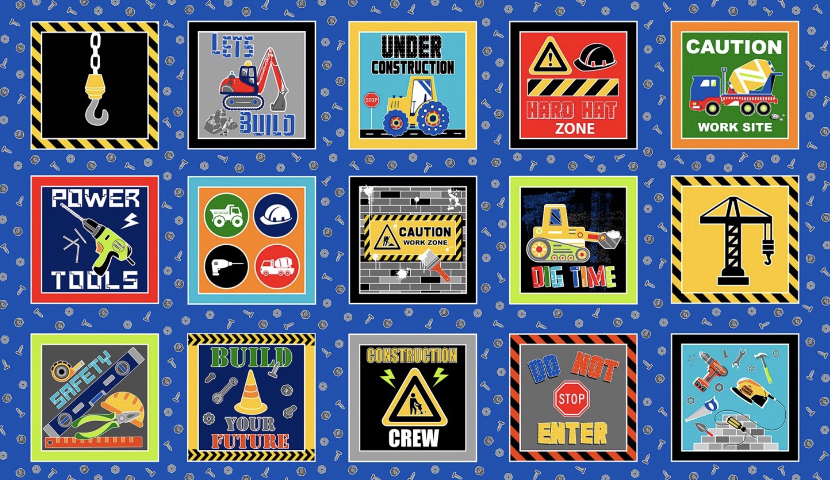 Stoff mit Bagger, Kran, Raupe