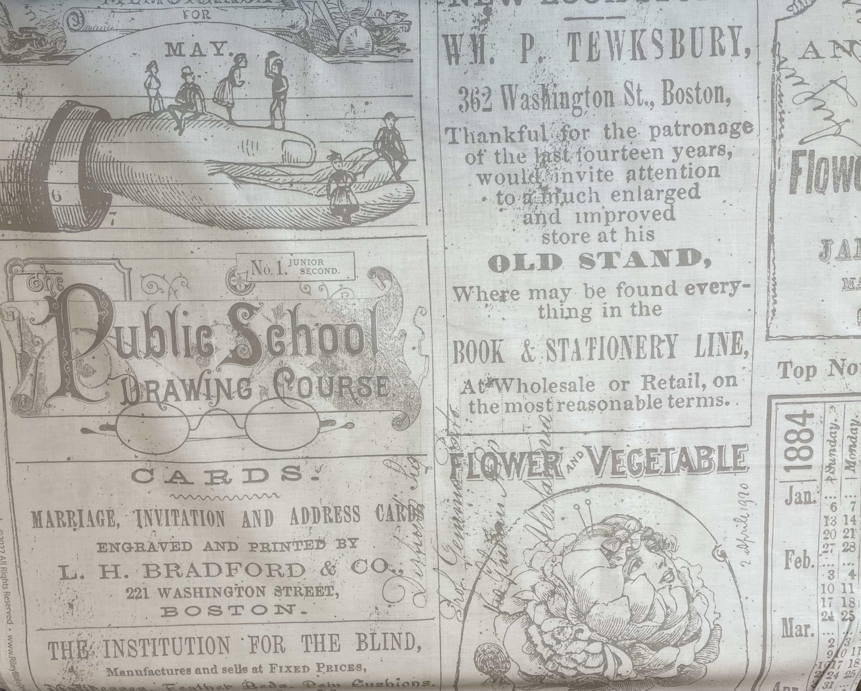 Weiß-Grau-Stoff mit Schriften von J.Wecker Frisch