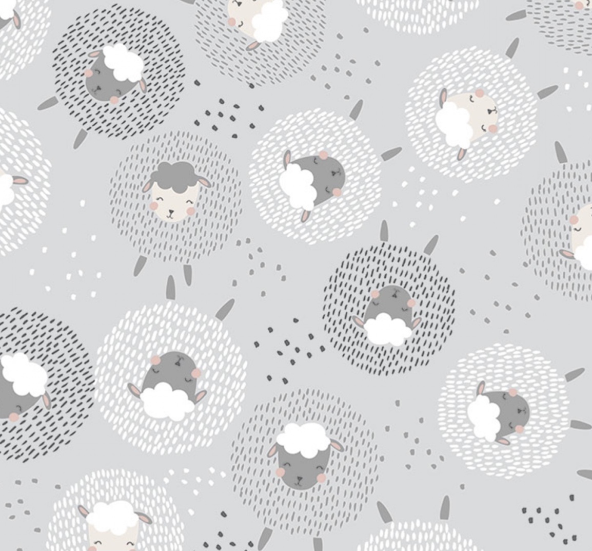 Stoff mit Schafen, Kinderstoff in Grau