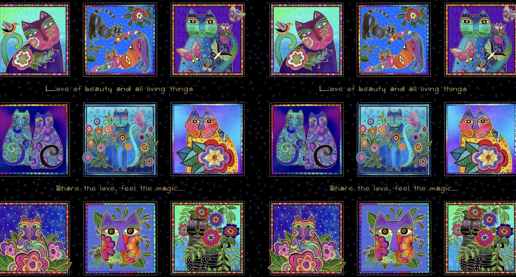 Stoffe Fanasicat von Laurel Burch, Panel mit Katzenmotiven