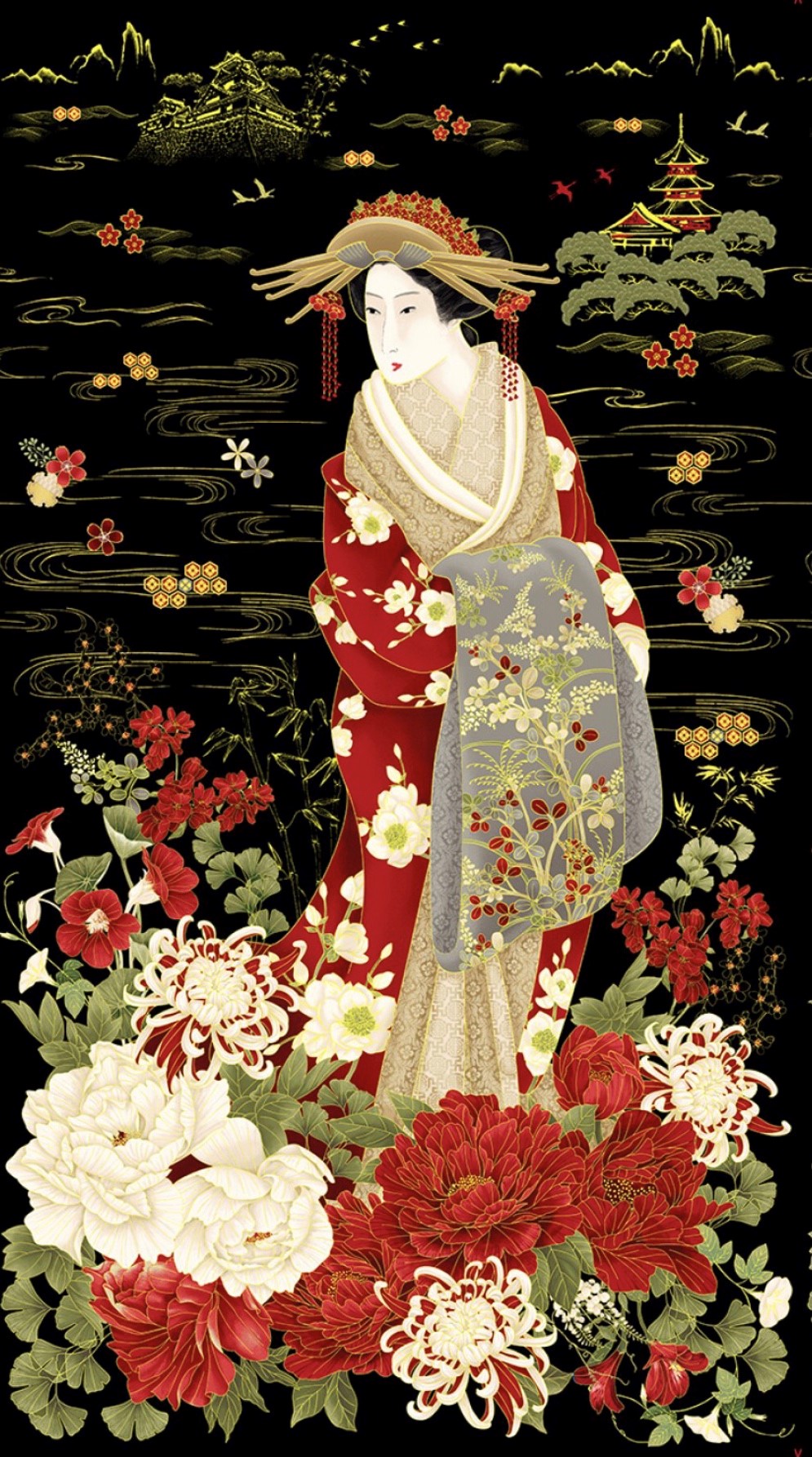 Panel mit Geisha, japanische Stoffe