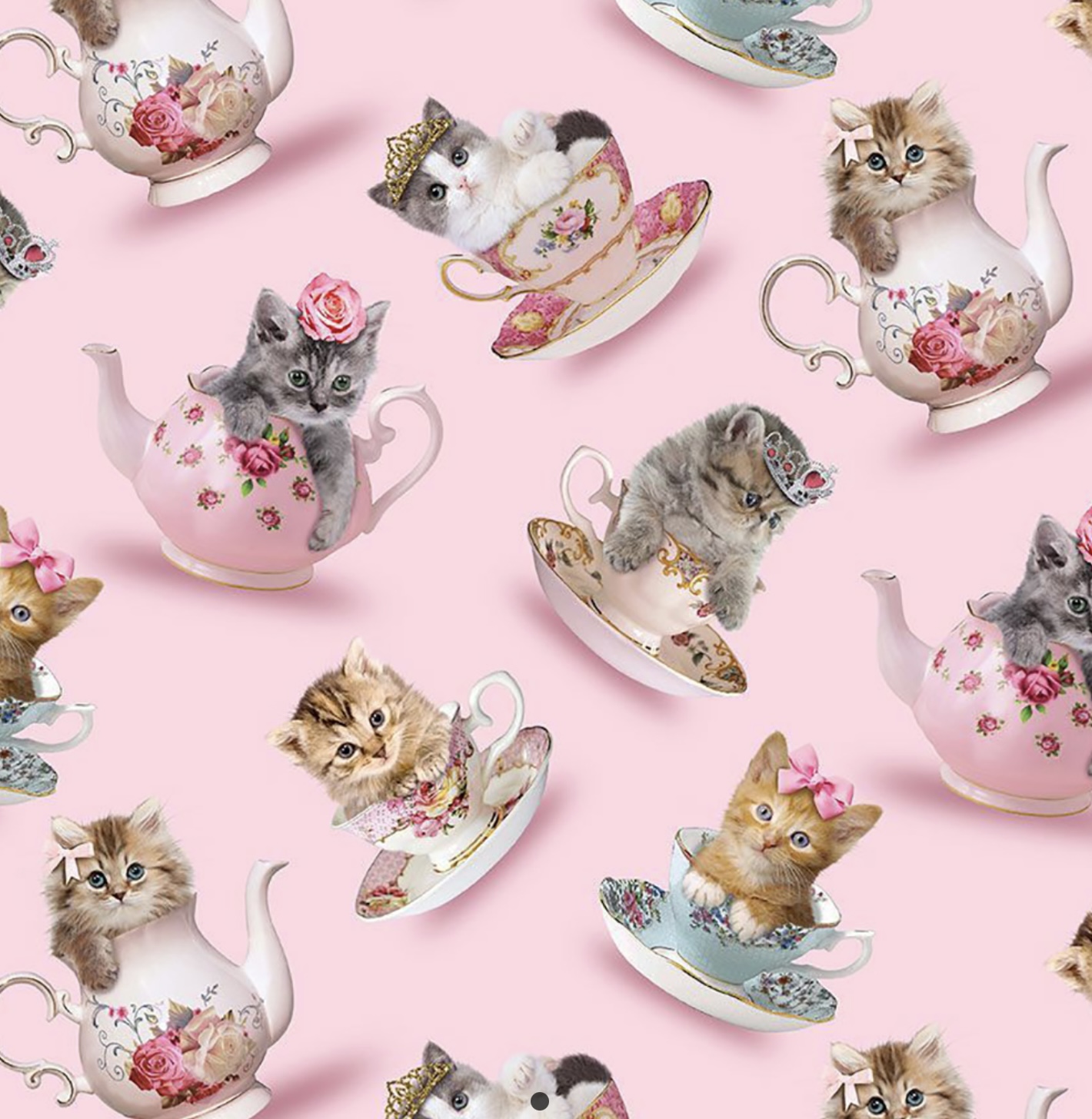 Stoff mit Kätzchen in Teetassen, Teekannen