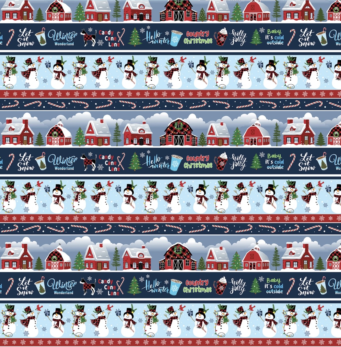 Stoff mit Schneemänner und Häuser