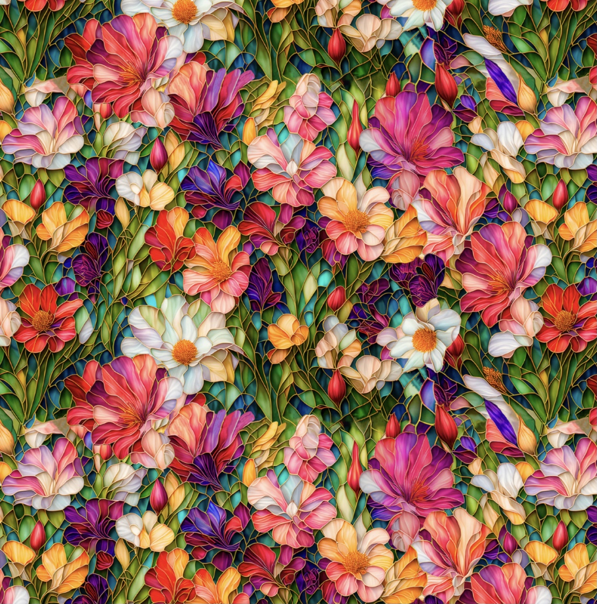 Patchworkstoff mit Blumen in Glasfenster Optik