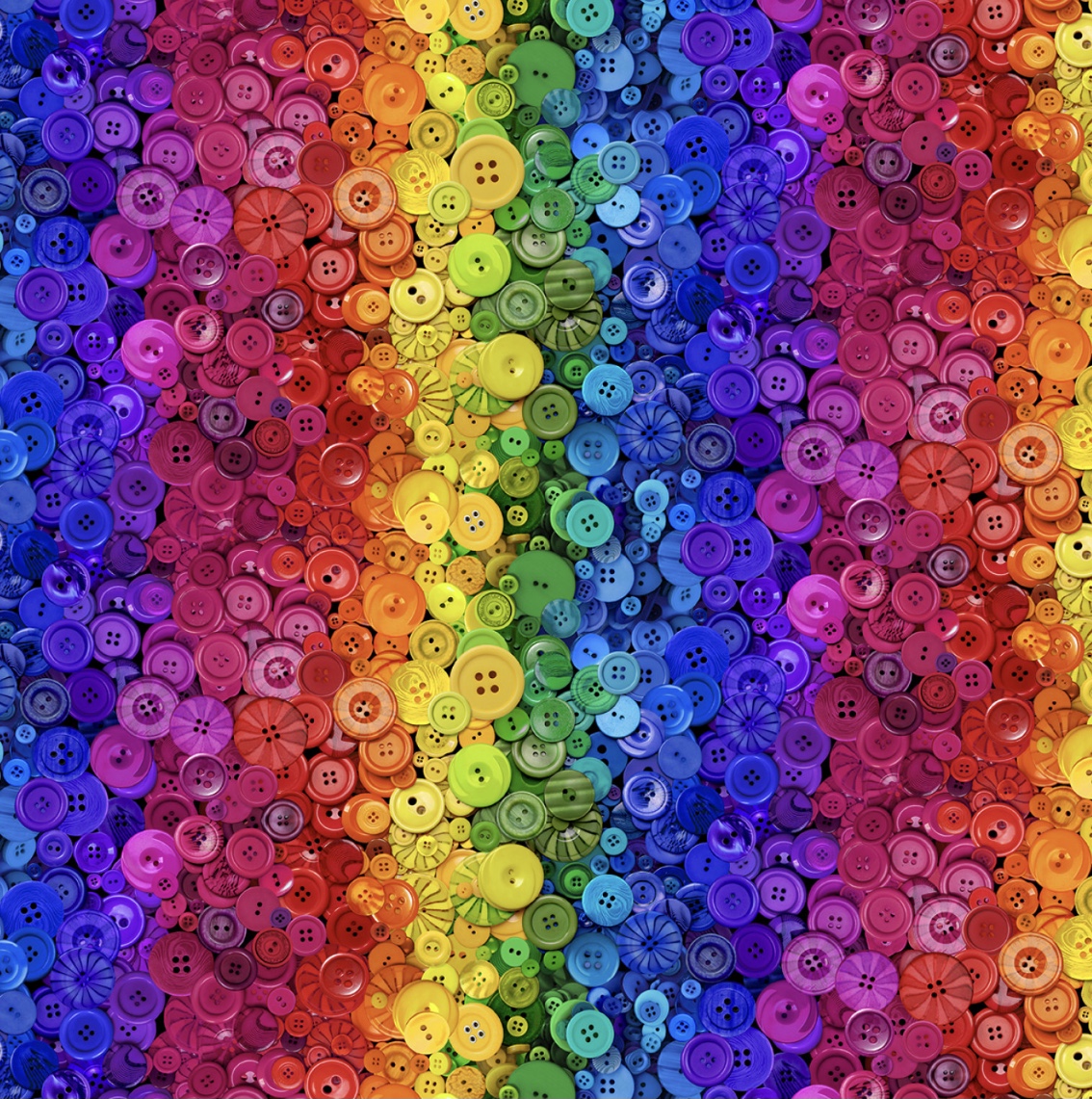 Bunter Stof mit Knöpfen Motiv, Serie: Sewing Room, Stoffe mit Nähmotiven.
