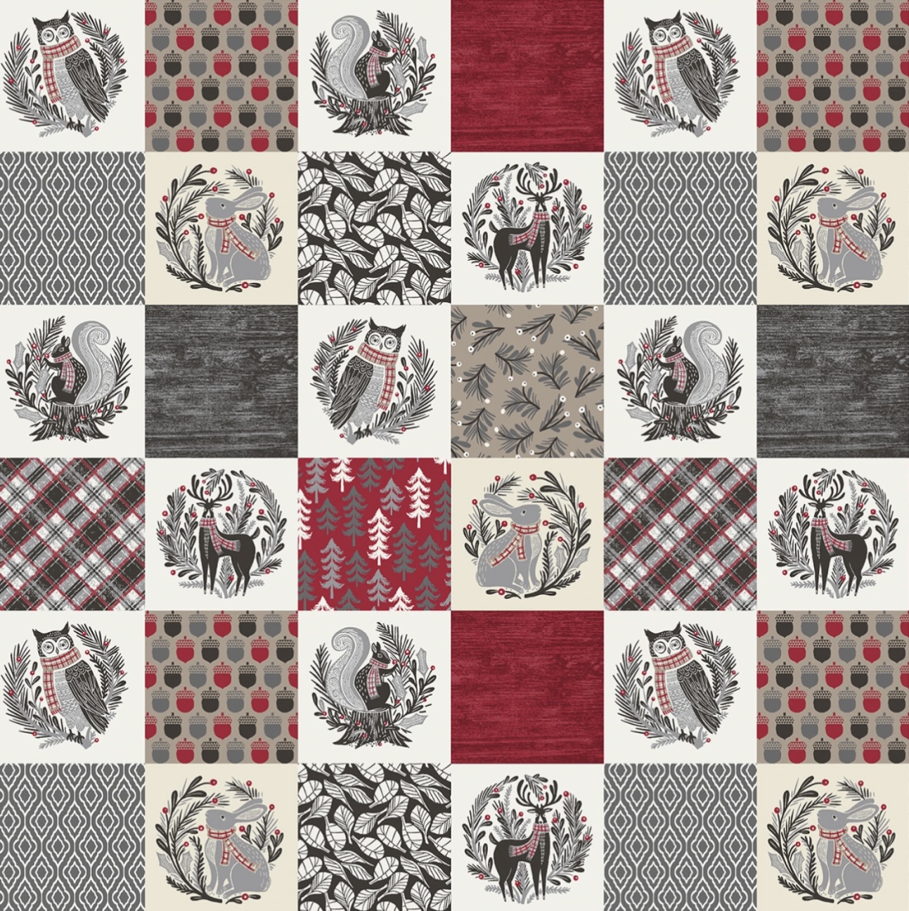 Stoff mit Eulen, Hasen, Rehen