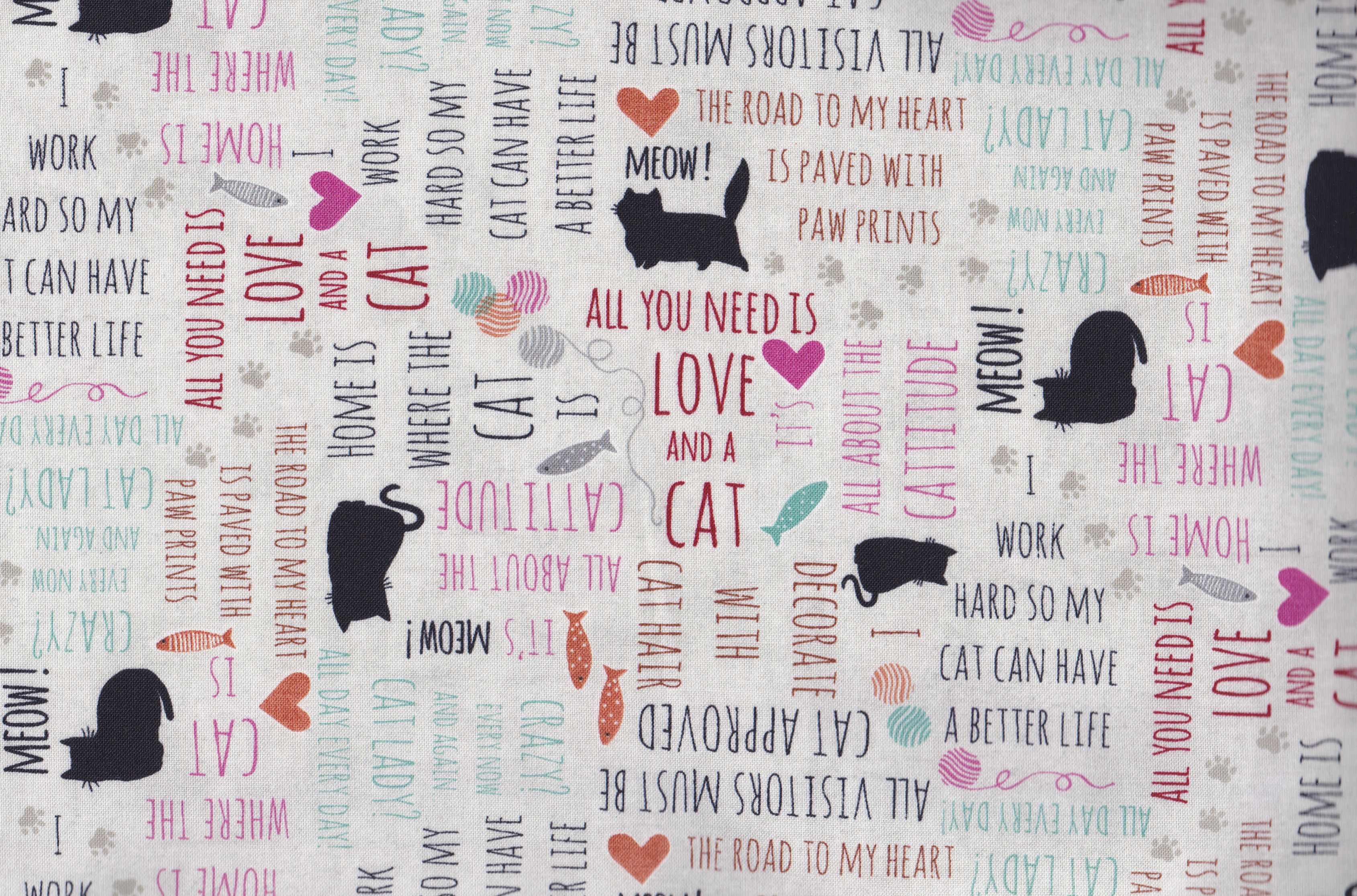 Stoff mit Katzen und Schriften