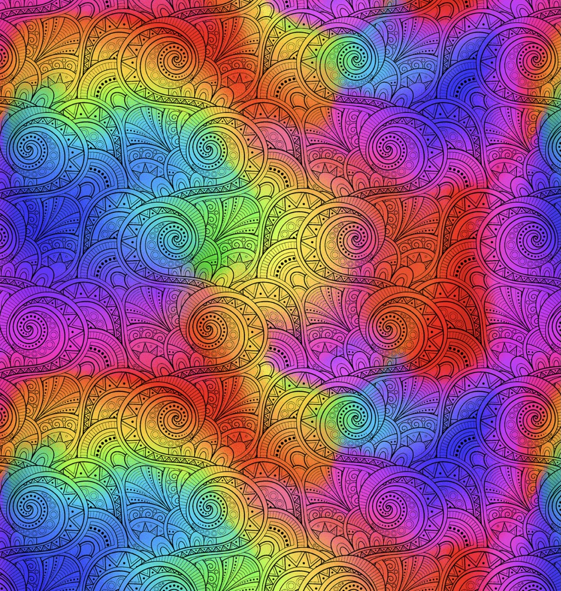 Stoff in Regenbogenfarben mit schwarzen Spiralen