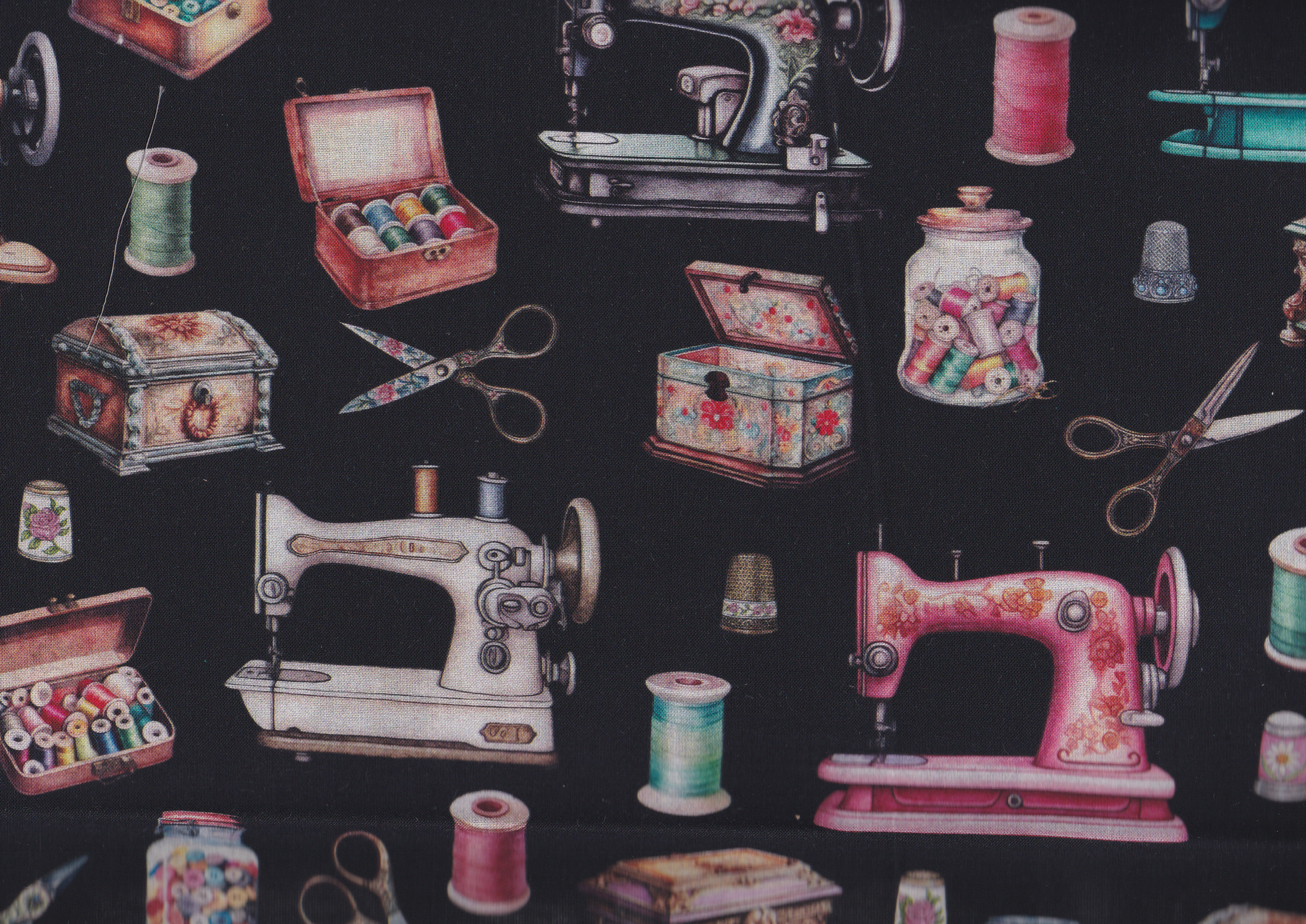 Stoff mit Nähutensilien Motiven, Stoff Vintage art