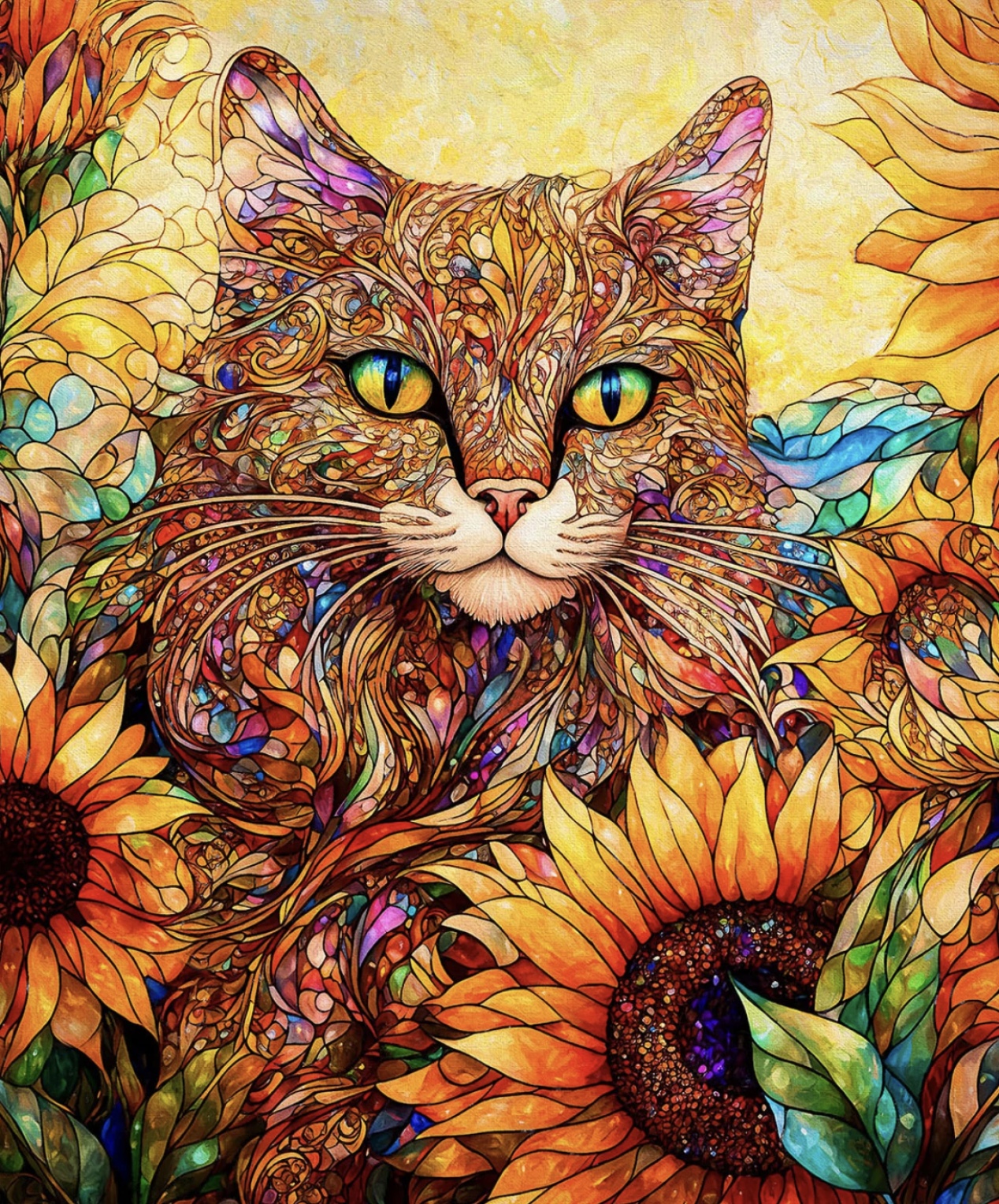 Katzenpanel Sonny in the Sunflowers, Tolles Panel mit Katze in Glasfenster Optik hergestellt, Tiffany Technik
