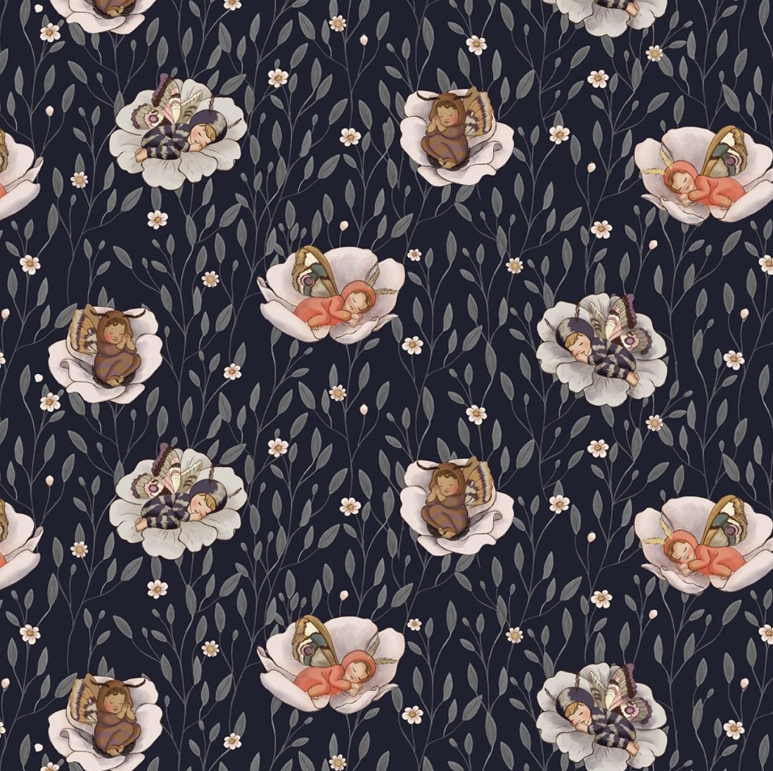 Baumwollstoff mit Babys, Stoff mit Schmetterlingen , Stoff mit Nachtschmetterlingen. Schlafende Kinder Bilder