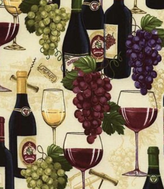 Stoff mit Weinflaschen u8nd Gläser, Rotwein.