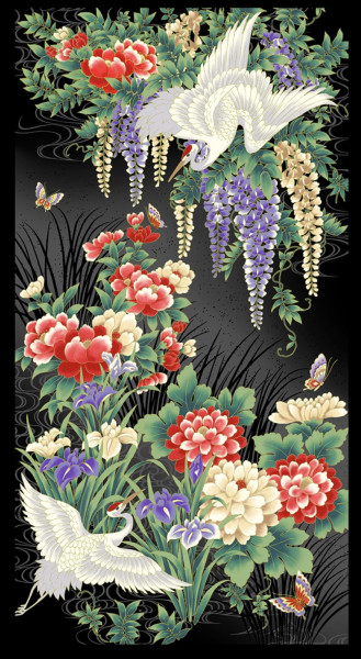 Panel mit Kranichen und Blumen, Japanische Motive